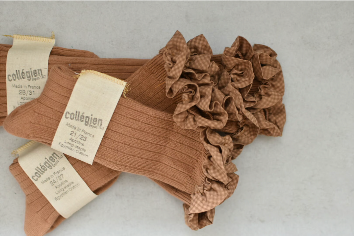 Apolline_Gingham Ruffle Ribbed Knee-high Socks_Caramel in Beurre Sale