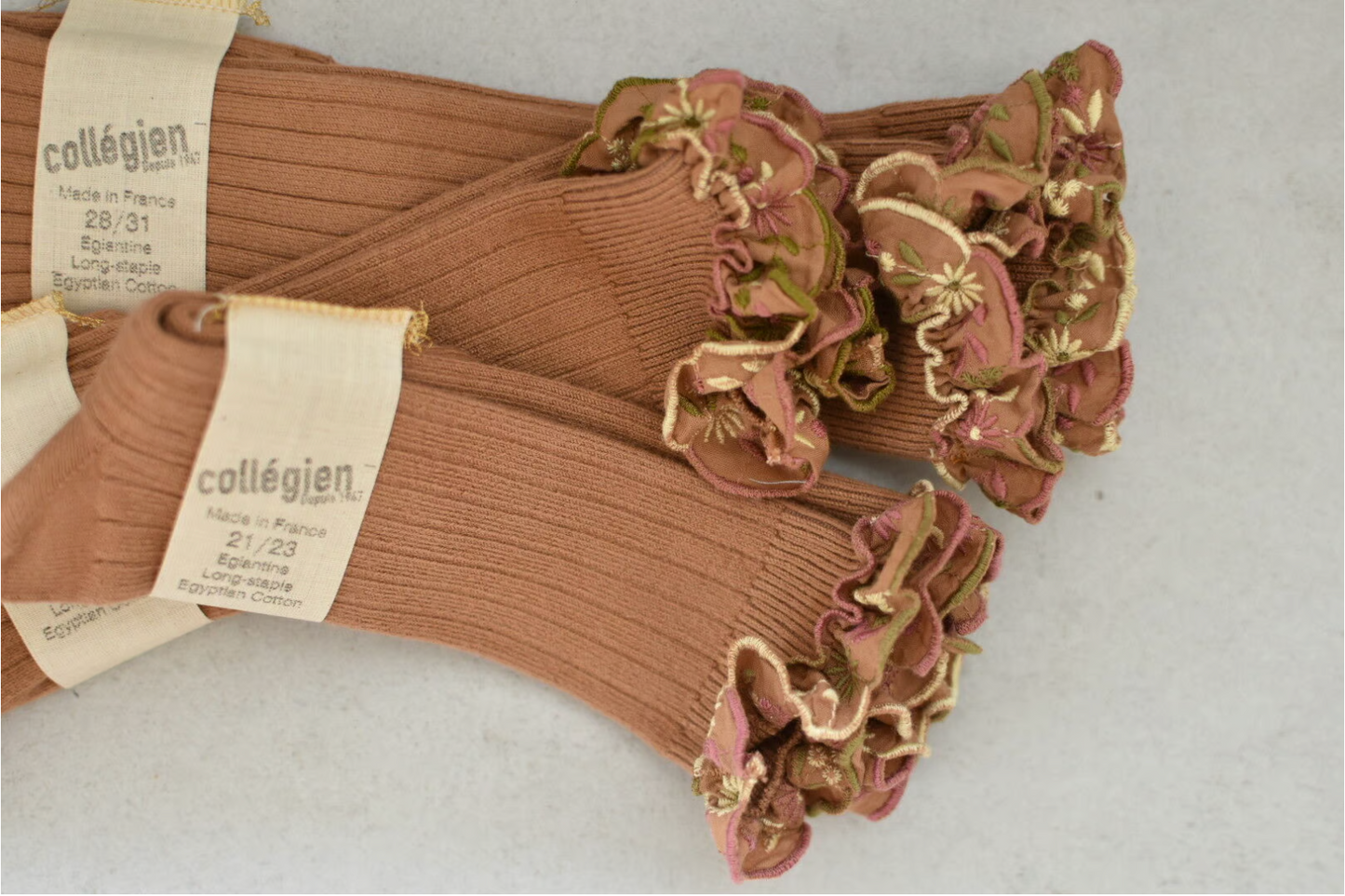 Eglantine_Embroidered Ruffle Ribbed Knee-high Socks_Caramel in Beurre Sale