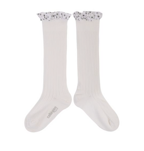 Collegien｜Maud_Polka Dots Ruffle Knee-high Socks_Blanc Neige